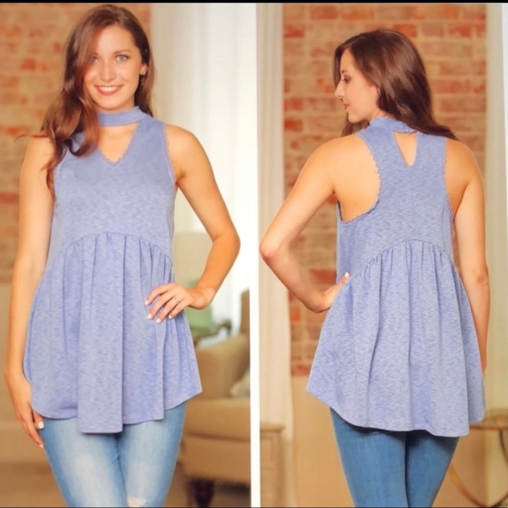 New! Sleeveless Halter Choker Blue Babydoll Tunic Triblend Scallop Arm Top - Picture 2 of 3